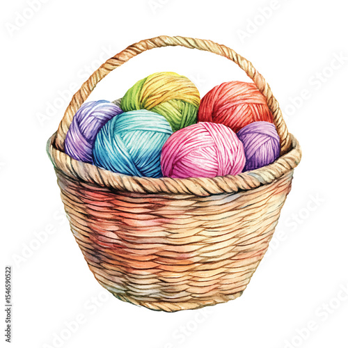 Watercolor basket filled with colorful yarn balls on transparent background