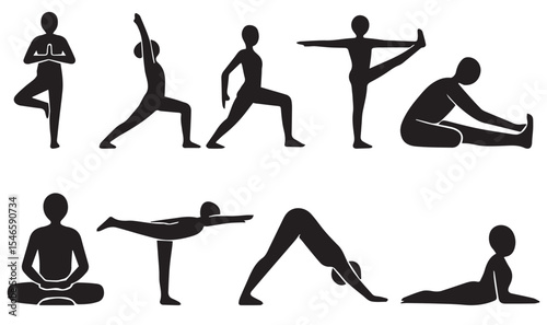 A collection of yoga and meditation silhouette icons representing different mindfulness and relaxation poses. This vector set includes various postures used in meditation, stretching, and exercise