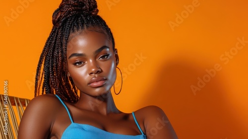A confident young woman with braids poses elegantly against a vibrant orange backdrop, showcasing beauty and self-expression in a striking portrait.