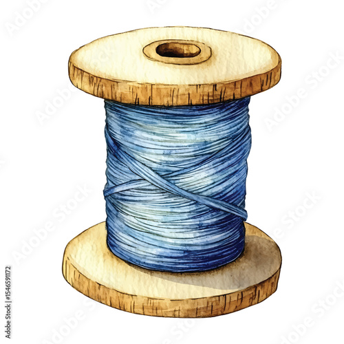 Watercolor illustration of a wooden spool with blue thread on transparent background
