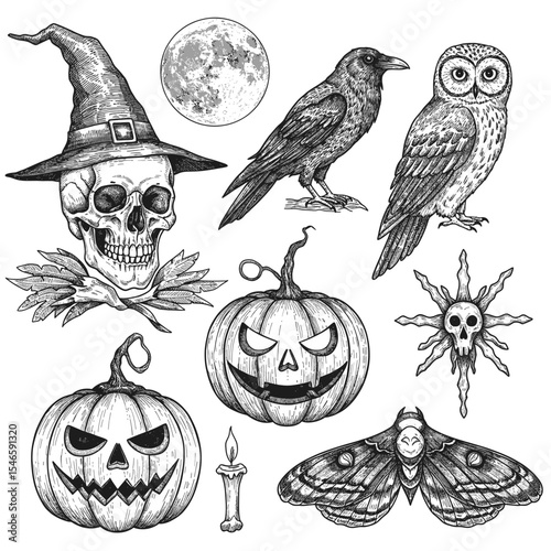 A collection of hand-drawn Halloween-themed elements illustrated in pencil style, featuring pumpkins with carved faces, haunted tombstones, a ghostly wizard in a hat, bats, skulls, and a spooky tree. 