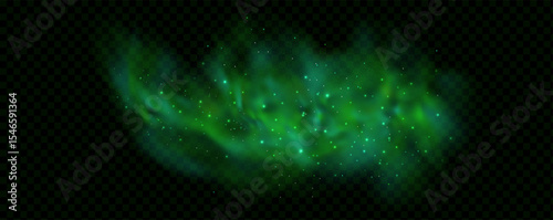 Realistic texture of mystical smoke in the background, with green fog swirling and sparkling with glowing particles, as starry neon magic dust shimmers throughout.