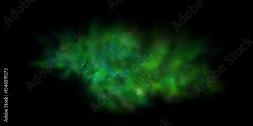 Realistic texture of mystical smoke in the background, with green fog swirling and sparkling with glowing particles, as starry neon magic dust shimmers throughout.