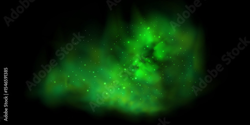Realistic texture of mystical smoke in the background, with green fog swirling and sparkling with glowing particles, as starry neon magic dust shimmers throughout.