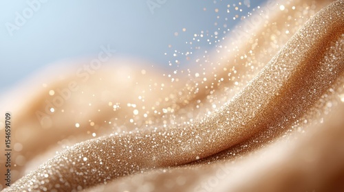 A close-up of luxurious golden fabric adorned with sparkling particles and a soft shine, creating an enchanting visual that evokes glamour and elegance.