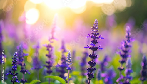 Vibrant Purple Flowers in Bloom Under Soft Golden Sunset Light