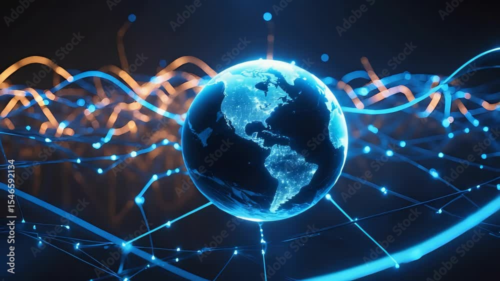 Global Network Earth Digital Connections Blue Lines Technology World Map Lights