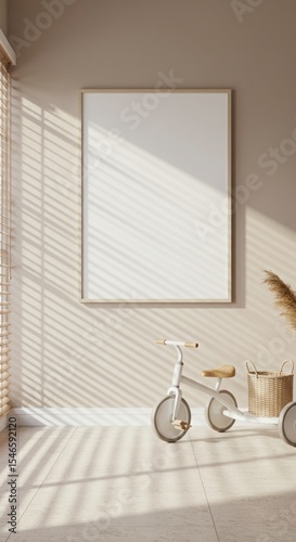 Vertical Wooden Frame Mockup in a Sunny, Minimalist Kids Room with Tricycle