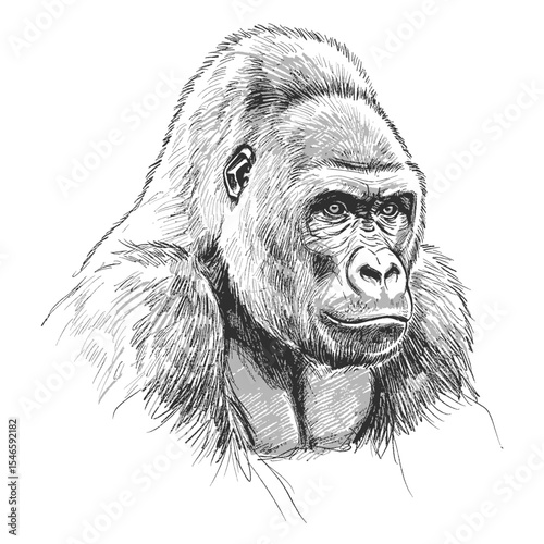 Grauer's Gorilla – Gorilla beringei graueri. Detailed portrait of gorilla with strong features and textured fur in realistic sketch style. Wildlife anatomy concept