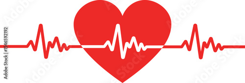 Heart and ECG Pulse Line Vector Illustration – Medical and Healthcare Icons Featuring Heartbeat, Cardiogram, Electrocardiogram, Red Heart, Love, Life, Hospital Monitor, and Cardiology Care Symbols