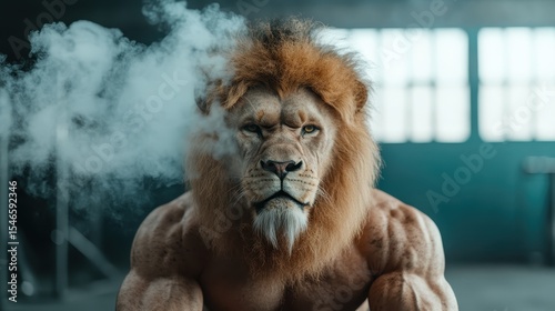 A powerful portrait of a lion showcasing strength and majesty, with a sense of determination and confidence highlighted amidst a misty background, evoking raw nature.