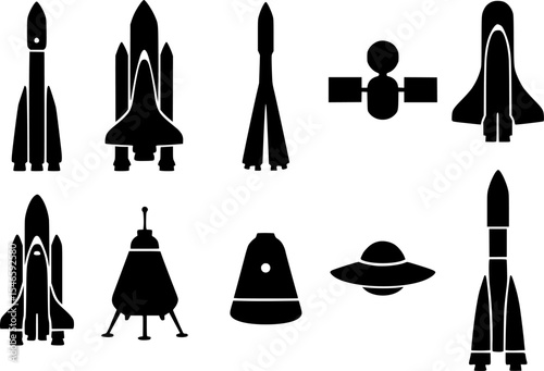 A collection of black silhouettes of various spacecraft, including rockets, shuttles, satellites, and a UFO.