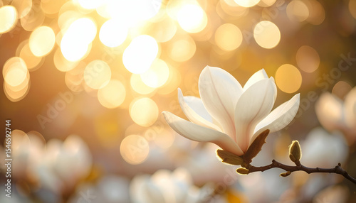 Beautiful Magnolia Blossom Against a Soft Golden Sunset Background