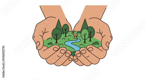 Nature's Embrace: Two hands tenderly cradle a miniature landscape, highlighting the value of conservation and environmental protection.
