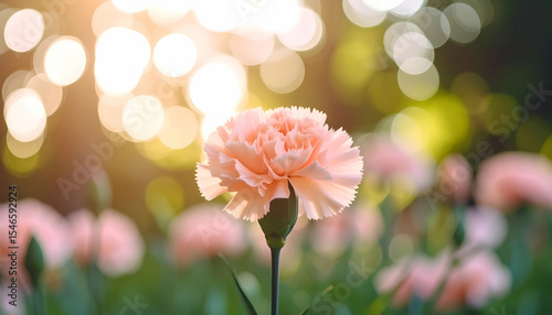 Soft Pink Carnation Flower in Sunlit Garden with Bokeh Background
