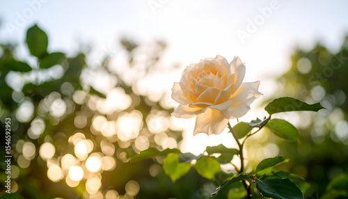 Beautiful White Rose Flower Blooming in Garden at Sunset Glow