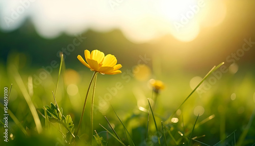 Vibrant Yellow Flower Against Soft Sunrise in a Natural Field