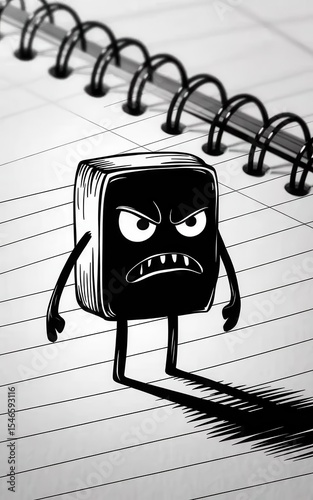 The disgruntled square character stands on the notebook paper concept