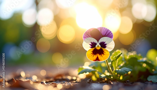 Beautiful Pansy Flower in Soft Sunlight with Bokeh Background