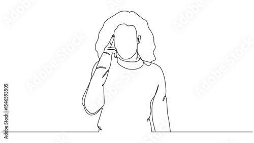 Continuous line drawing of woman thinking with finger on temple expression