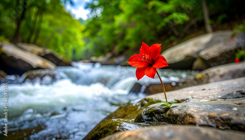 Vibrant Red Flower Blooms Beside Flowing River in Nature Scene