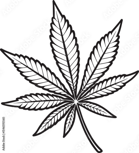 Cannabis Marijuana Leaf CBD or THC Hemp Weed Vector Illustration, Sketch Drawing Line Linear Symbol Icon Engraving Coloring Book, Hand-drawn Black and White Isolated