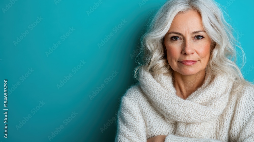 Obraz premium An elegant older woman with beautiful silver hair looks directly at the camera with a calm expression, showcasing her soft style while wrapped in a cozy white sweater against a blue background.