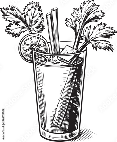 Bloody Mary Cocktail Vector Illustration, Sketch Drawing Line Linear Symbol Icon Engraving Coloring Book, Hand-drawn Black and White Isolated