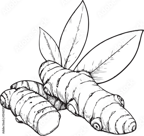 Turmeric or Ginger root Vector Illustration, Sketch Drawing Line Linear Symbol Icon Engraving Coloring Book, Hand-drawn Black and White Isolated