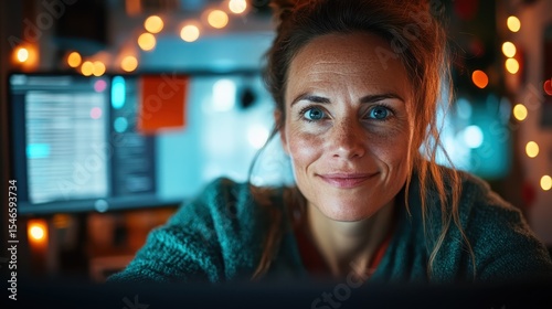 A warm image of a smiling woman in a cozy workspace adorned with soft lights, creating an inviting atmosphere filled with creativity and positivity, inviting viewers into her world.