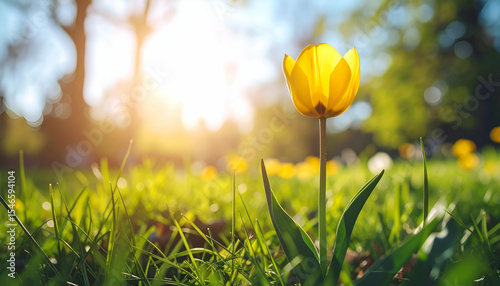 Bright Yellow Tulip Blooming in Sunlit Garden with Green Grass