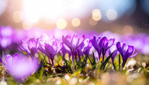 Beautiful Purple Crocuses Blooming in Gentle Spring Sunshine