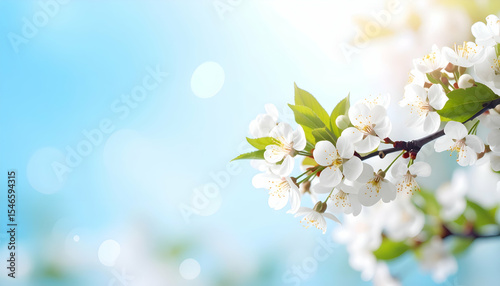 Blooming White Flowers Against a Soft Blue Background in Spring Light