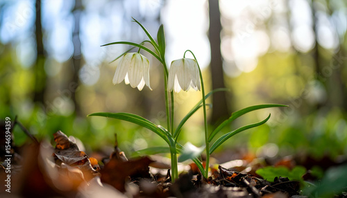 Delicate White Flowers Blooming in Soft Forest Light