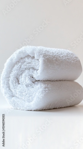 Rolled white terrycloth towel with soft texture stacked against a plain backdrop