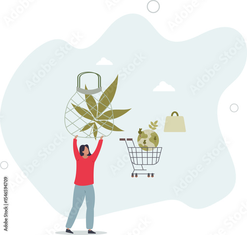 Eco friendly consumer with sustainable shopping habits .Environmental care with reusable and green product choices . character life .