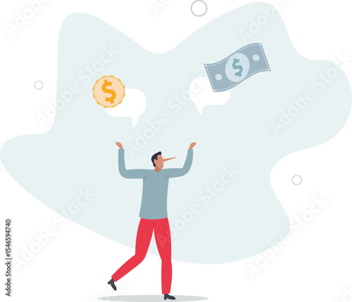 Exaggeration lying about investment profit, income or financial scam, extreme politics story, trap or pitfall concept. character life .