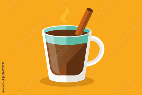 hot coffee in a transparent mug with cinnamon stic