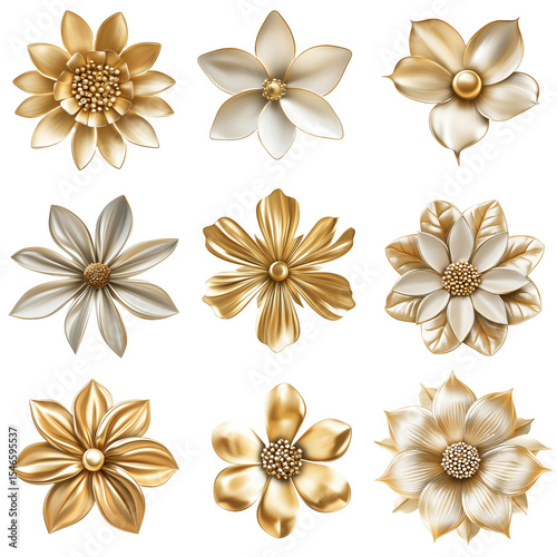 Set gold flower isolated on white background, png