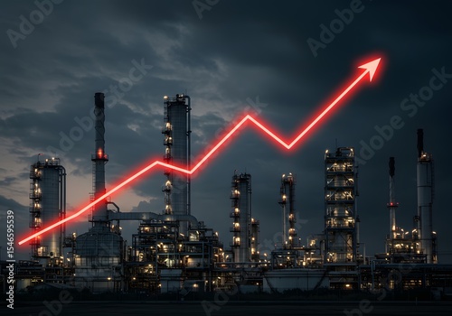 A refinery site in the background with a glowing red line graph showing inflation curve climbing.