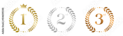 Award Winner Set Vector Illustration. Figures 1, 2, 3 In A Realistic Gold Silver Bronze with Laurel Wreath . Competition Game Concept. Isolated on white