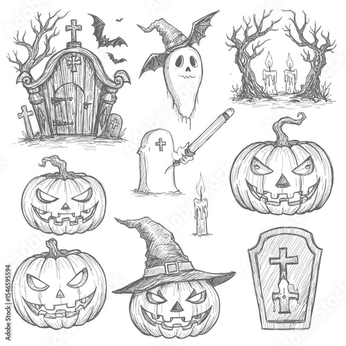 A collection of hand-drawn Halloween-themed elements illustrated in pencil style, featuring pumpkins with carved faces, haunted tombstones, a ghostly wizard in a hat, bats, skulls, and a spooky tree. 