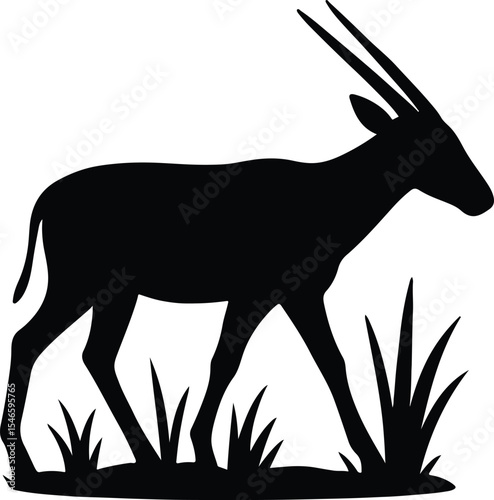 Silhouette oryx antelope walking through grassland vector illustration