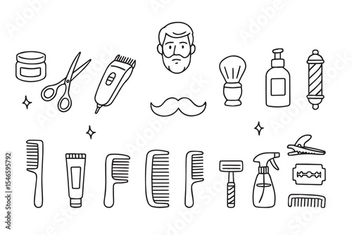 Vector illustration with various barber tools and accessories including scissors, clippers and combs. Doodle style. perfect for design and styling concepts.
