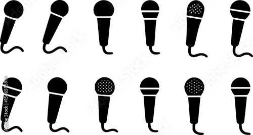 A set of simple, black silhouette microphone icons on a transparent background.
