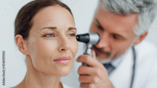 Doctor examining woman's ear with otoscope during medical checkup visit.