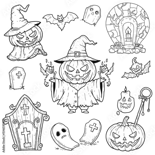 A collection of hand-drawn Halloween-themed elements illustrated in pencil style, featuring pumpkins with carved faces, haunted tombstones, a ghostly wizard in a hat, bats, skulls, and a spooky tree. 