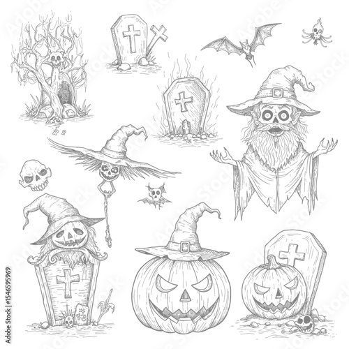 A collection of hand-drawn Halloween-themed elements illustrated in pencil style, featuring pumpkins with carved faces, haunted tombstones, a ghostly wizard in a hat, bats, skulls, and a spooky tree. 
