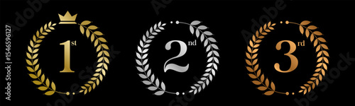 Award Winner Set Vector Illustration. Figures 1, 2, 3 In A Realistic Gold Silver Bronze with Laurel Wreath . Competition Game Concept. Isolated on black