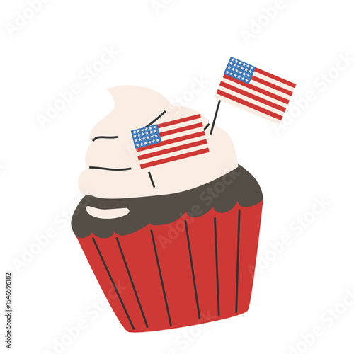 Festive fourth of july cupcake decorated with american flags.